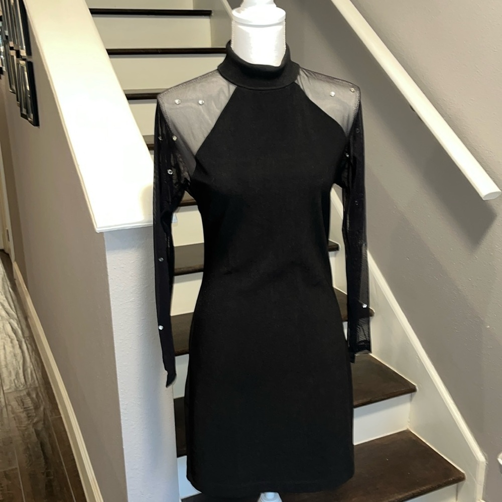 Carabella Black Dress. Sheer sleeves and back with scattered rhinestones. M